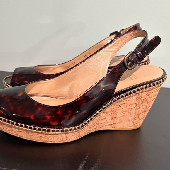 Stuart Weitzman Patent Leather Wedges Platform Peep Toe Tortoise Shell Size 9.5 - Picture 4 of 9
